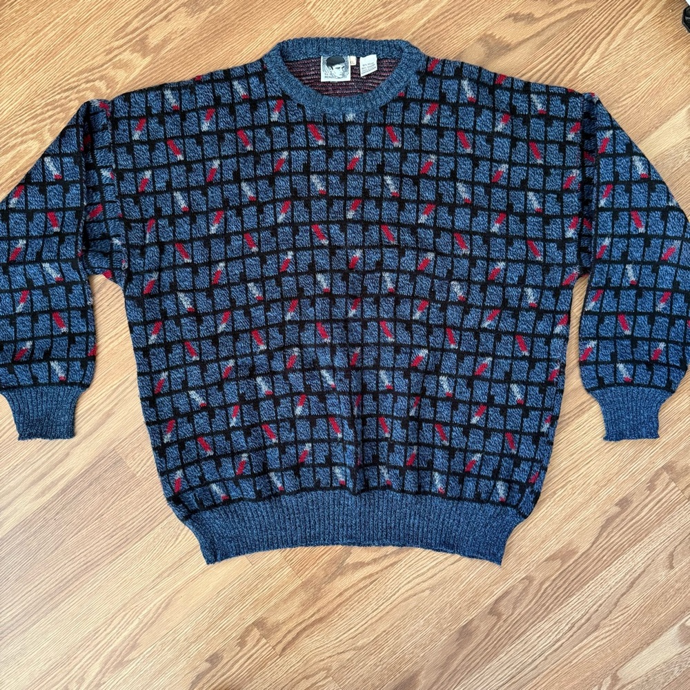 Renzo Y2K Men's Blue and Red Geometric Patterned Wool Sweater XL Made‎ in Italy